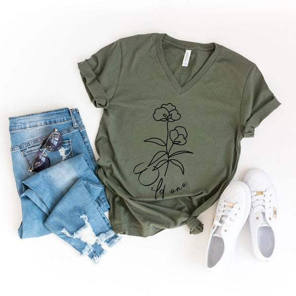 Wild One Flower Short Sleeve Graphic V-Neck Tee