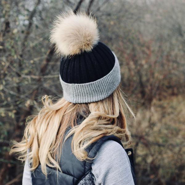 Two Tone Angora Fur Pom Beanie