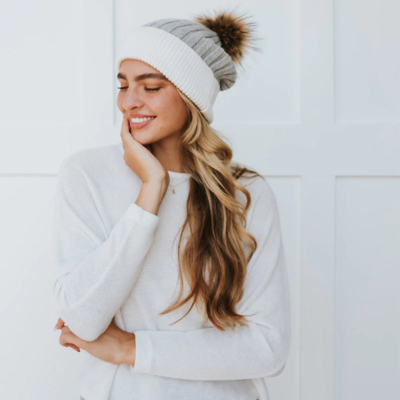 Two Tone Angora Fur Pom Beanie