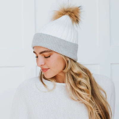 Two Tone Angora Fur Pom Beanie