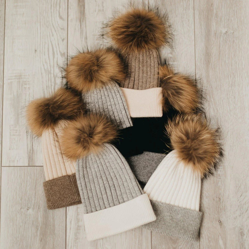 Two Tone Angora Fur Pom Beanie