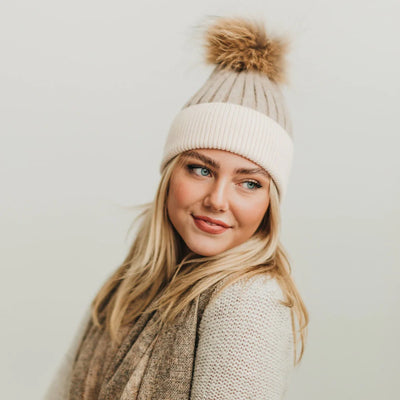 Two Tone Angora Fur Pom Beanie