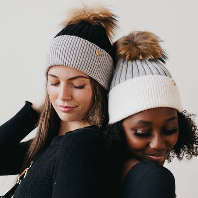 Two Tone Angora Fur Pom Beanie