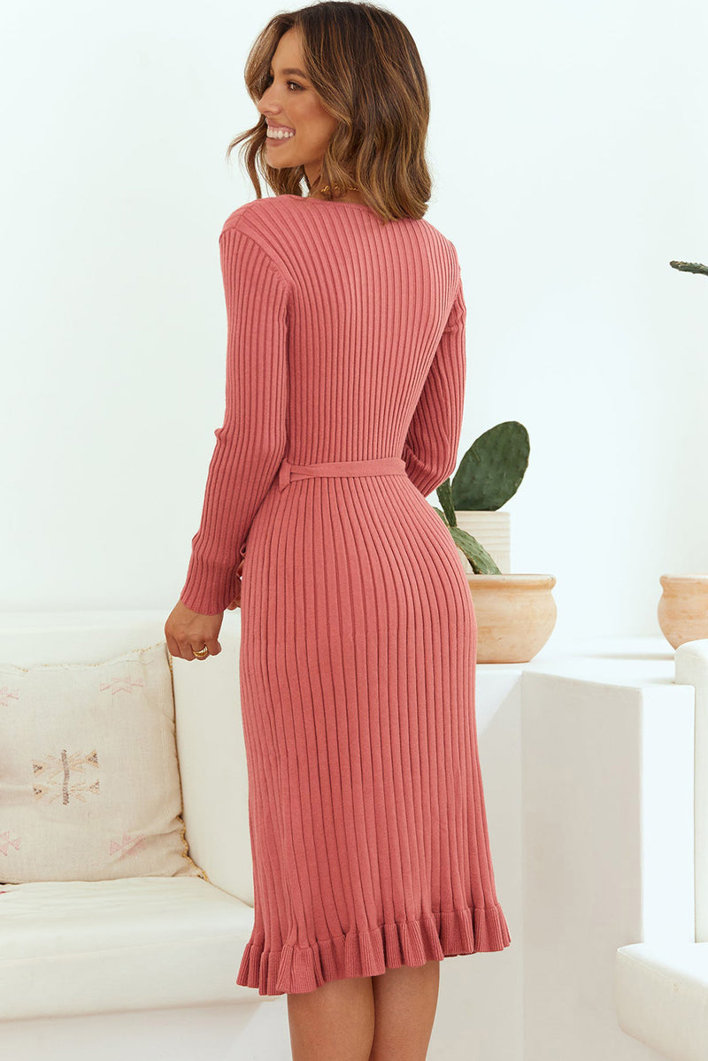 V-Neck Tie Waist Pencil Dress